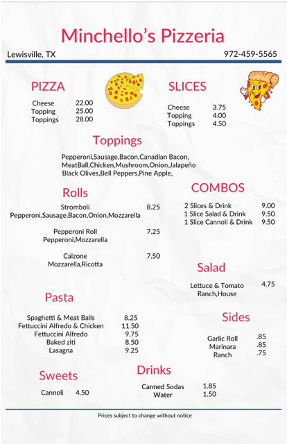 Minchello's current menu with pizza, slices, rolls, combos, pasta, salad, sides, sweets and drinks